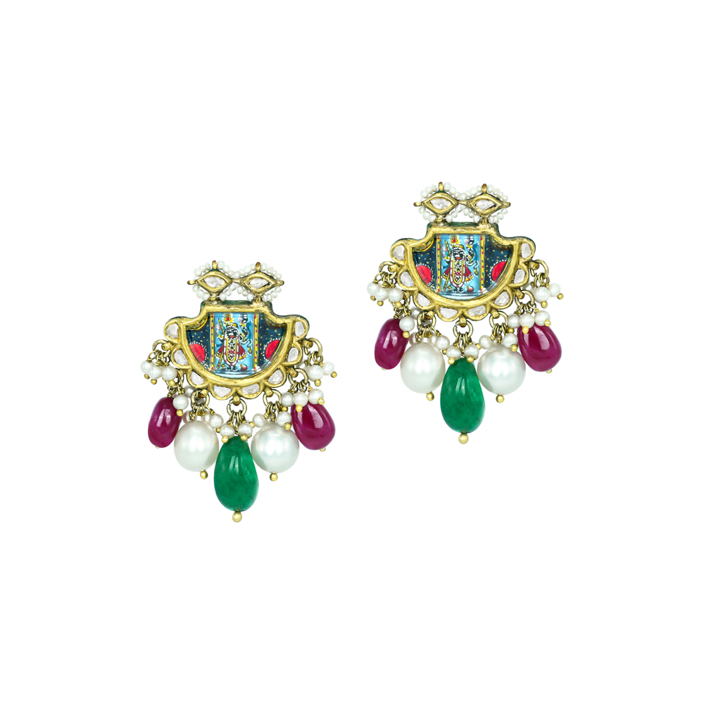 Shreenathji Pichwai Studs with Polkis, Rubies, and Pearls